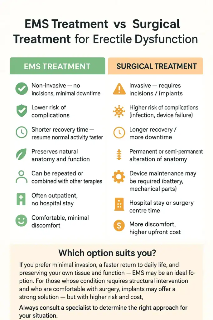 A table showing the benefits of EMS chair for erectile dysfunction treatment Manchester compared to surgery.