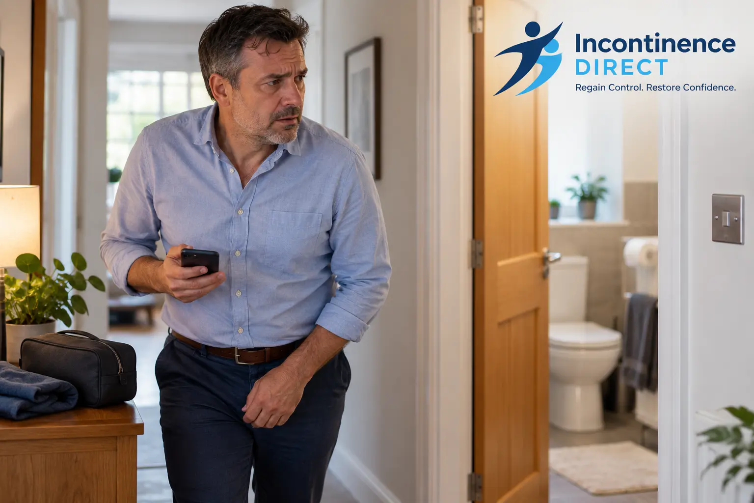 Worried Man Near Open Bathroom affected from faecal incontinence safety tips from incontinence direct Manchester