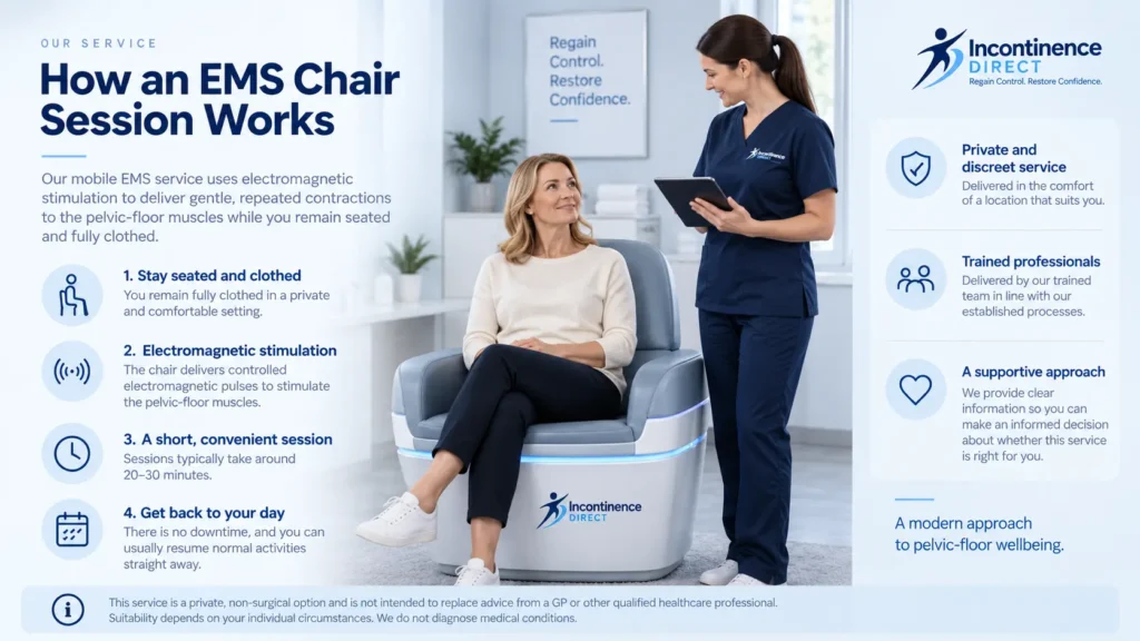 Illustration showing an EMS chair session at Incontinence Direct Manchester