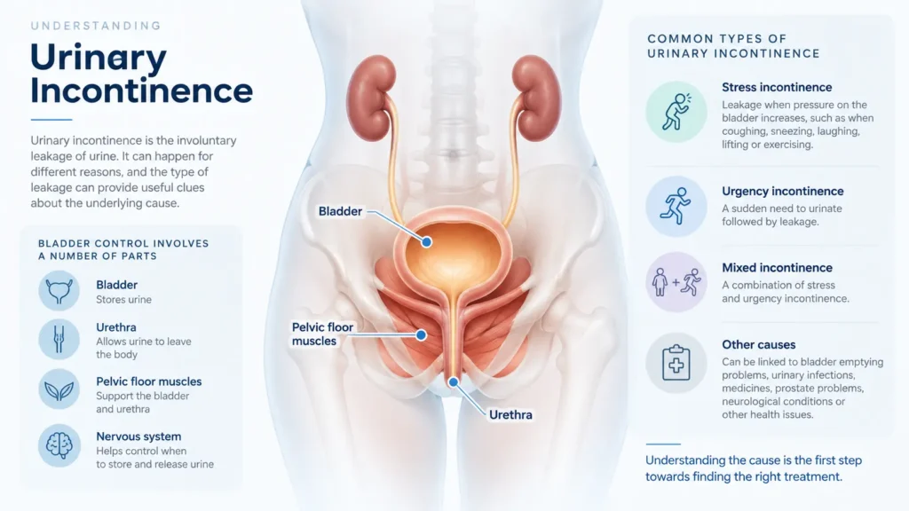 incontinence direct Manchester infographic on urinary incontinence symptoms reasons and treatment options