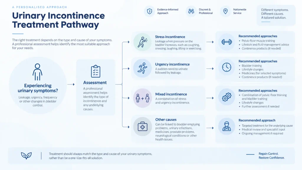 urinary incontinence treatment options infographics from the incontinence direct Manchester