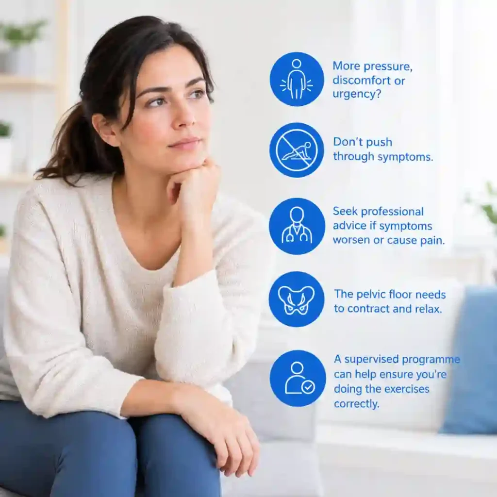 Pelvic-floor exercises Manchester involve controlled contraction and relaxation. Persistent pressure, discomfort or urinary urgency may warrant professional assessment.